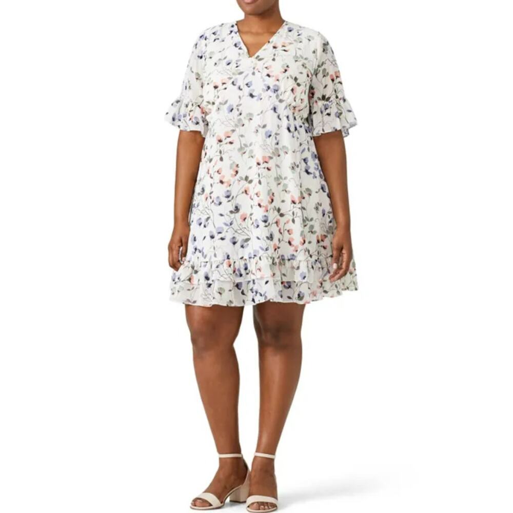 Junarose Floral Ruffle Hem Dress White V Neck Printed Chiffon Womens Size US 14